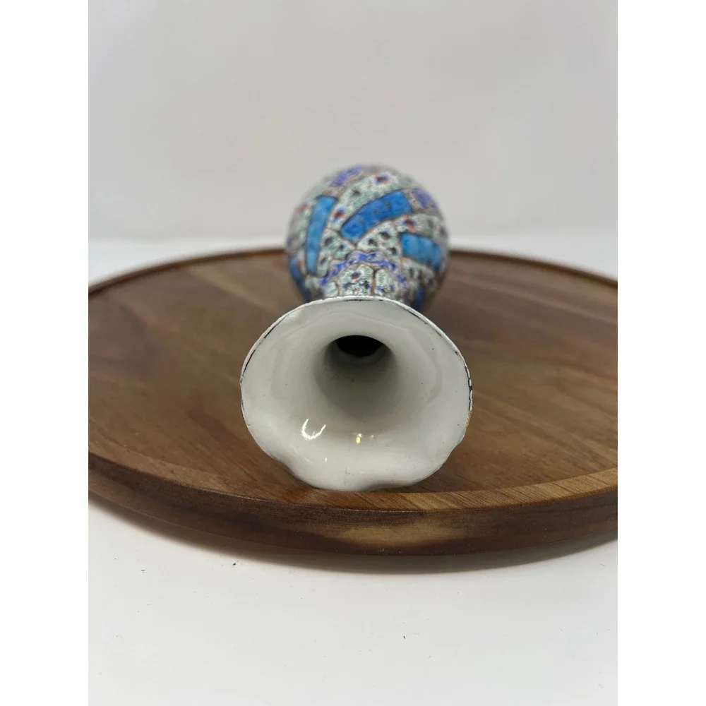 Hand Painted Enamel Vase Blue Floral‎ Pattern Decorative Tabletop Accent